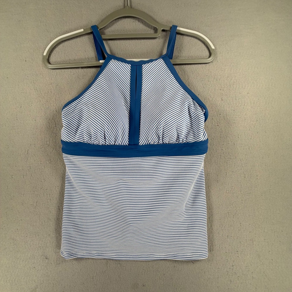 Lands End Women 8 Blue White Seersucker Tankini Top Striped High Neck Swimwear